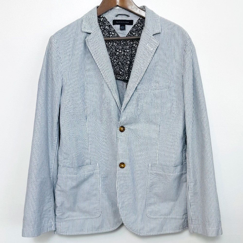 NWOT Men's Tommy Hilfiger Twill Sports Coat in White & Blue Stripe, Size M
